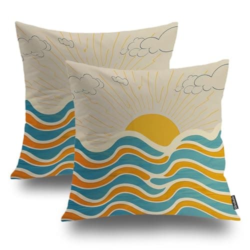 Shrahala Summer Beach Covers 18X18, Sun Lake Sunrise Waves Clouds Sky Retro Couch Pillow Cover, Blended Double-Sided No Inserts for Bedroom Living Room Set of 2 - Image 1