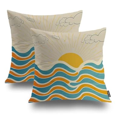 Shrahala Summer Beach Covers 18X18, Sun Lake Sunrise Waves Clouds Sky Retro Couch Pillow Cover, Blended Double-Sided No Inserts for Bedroom Living Room Set of 2 - Image 1