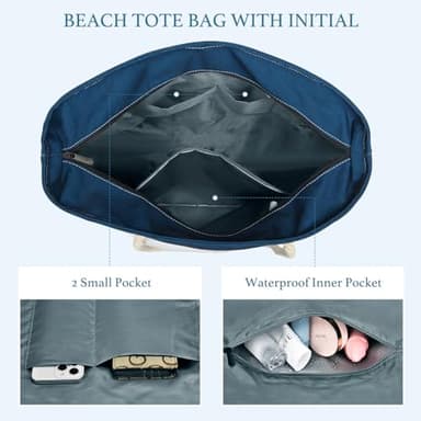 Becokan Initial Beach Bag Waterproof Canvas Beach Tote Bag Zipper Personalized Gifts for Women Her Birthday Travel Essentials (M, Dark Blue 2 pcs) - Image 4