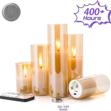 Eywamage 5 Pack Gold Glass Flameless Candles with Remote, Flickering Slim Tall LED Pillar Votive Candles Battery Included - Image 3