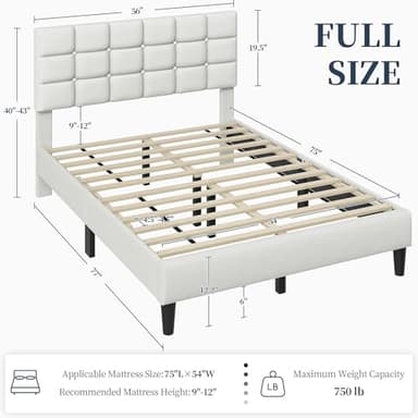Yaheetech Upholstered Bed Frame, Modern Full Bed Platform with Square Stitched&Button Tufting Headboard Height Adjustable, Wooden Slats Support, No Box Spring Needed, Full Size, Beige - Image 2