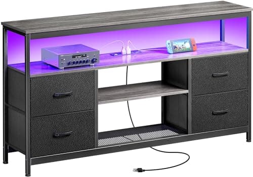Huuger TV Stand Dresser with Power Outlets and LED Lights, 4 Drawers Entertainment Center with Shelves, 54in Media Console for 55 60 Inch TV, Dresser with PU Finish, Grey and Black - Image 1