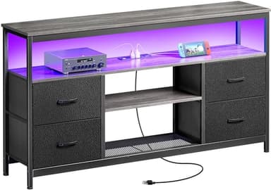 Huuger TV Stand Dresser with Power Outlets and LED Lights, 4 Drawers Entertainment Center with Shelves, 54in Media Console for 55 60 Inch TV, Dresser with PU Finish, Grey and Black - Image 1