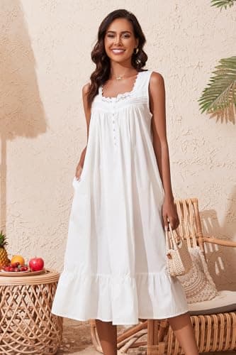 AVIIER 100% Cotton Nightgowns for Women Sleeveless Sleep Dress Ladies Gowns Sleepwear with Pockets (White, Medium) - Image 3