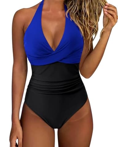SUUKSESS Women Sexy Tummy Control One Piece Swimsuits Halter Push Up Monokini Bathing Suits (Royal Blue Black, L) - Image 1