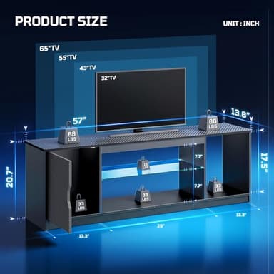 Bestier LED TV Stand for 55/60/65 Inch TV, Gaming Entertainment Center with Cabinet for PS5, Xbox,Modern TV Cabinet with Adjustable Glass Shelves for Living Room, Bedroom 57 Inch,Black - Image 2