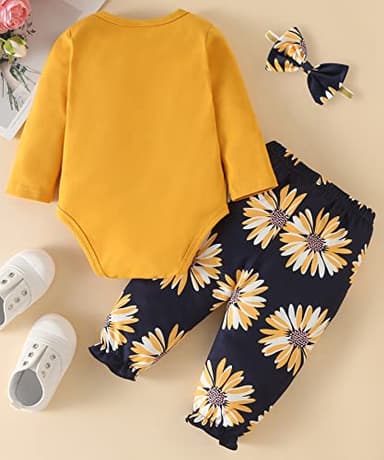 Fullfamous Newborn Baby Girl Clothes Gifts Outfits,Fall Winter Long Sleeve Romper and Pant Set Yellow Sunflower 0-3 months - Image 3