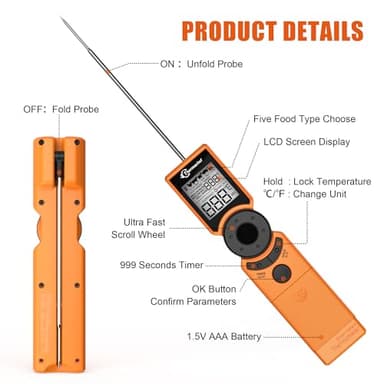 Thermochef Digital Meat Thermometer for Grill, Instant Read Food Thermometers for Cooking with Food Doneness Guide, Calibration and LCD Backlight Screen, High Accuracy ±1% ℉, BBQ Beef Candy Orange - Image 4