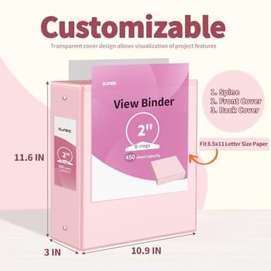 SUNEE 3 Ring Binder 2 Inch 2 Pack, Clear View Binder Three Ring PVC-Free (Fit 8.5x11 Inches) for School or Office Supplies, Pink - Image 2
