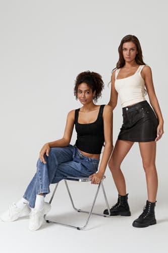 QINSEN Summer Sleeveless Lace Top for Women Tight Square Neck Soft Stretch Tank Top Off-White S - Image 6