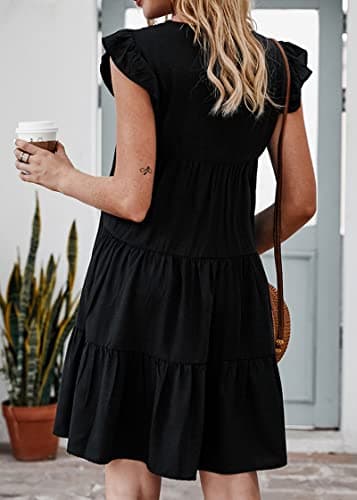 KIRUNDO Womens Dresses Summer Casual Sleeveless Ruffle Sleeve Round Neck Black Loose Short Flowy Pleated Mini Babydoll Dress (Black, Medium) - Image 5