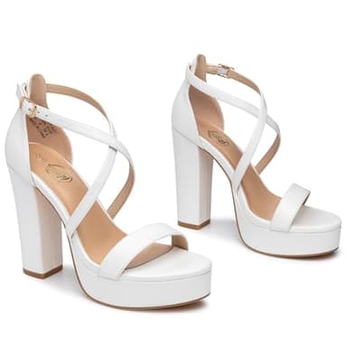 Trary Women's White Strappy Platform Chunky High Heels Sandals Fashion Comfortable Open Toe Heels for Women Dress Wedding Party Shoes - Image 4
