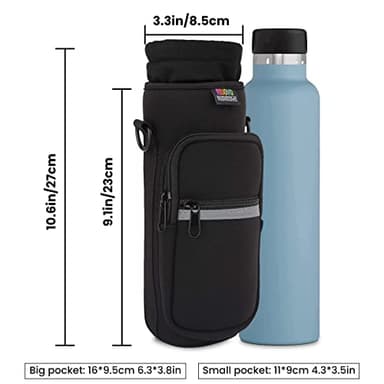 Nuovoware Water Bottle Carrier Bag, 25oz/32oz Bottle Pouch Holder, Adjustable Shoulder Hand Strap 2 Pocket Sling Neoprene Sleeve Sports Accessories for Hiking Travelling Camping, Black - Image 3