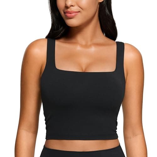 CRZ YOGA Butterluxe Womens Square Neck Longline Sports Bra - Workout Crop Tank Tops Padded Yoga Camisole with Built in Pads Black Small - Image 1