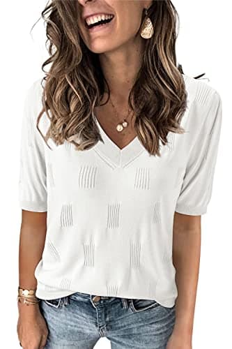 Arach&Cloz Women's Summer Fall Tops 2025 Short Sleeve Plus Size Sweaters V Neck Trendy Fashion Clothes Dressy Cute Casual Outfits Business Work Blouse Lightweight Shirts Clothing Beige Off White M - Image 1
