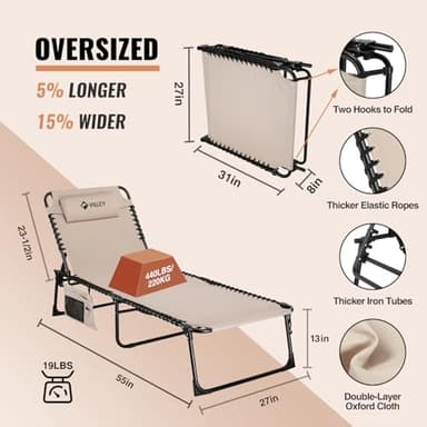 VILLEY Oversize Chaise Lounge Outdoor, Heavy-Duty Folding Lounge Chair for Outside, Portable Trifold Beach Lounger with 5 Adjustable Positions for Outdoor, Patio, Beach, Lawn, Backyard, Camping -Beige - Image 3