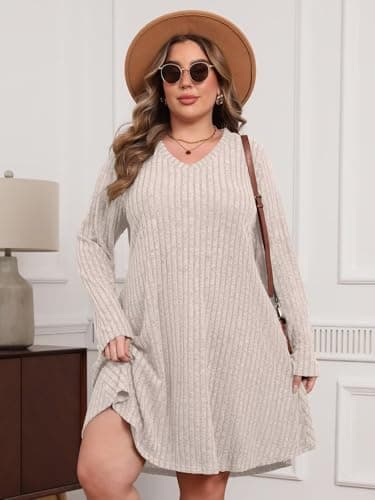 BELAROI Plus Size Sweater Dress Curvy Women Fall Dresses Winter V Neck Long Sleeve Pockets Tshirt Dress Loose Fit (2X, Apricot) - Image 4