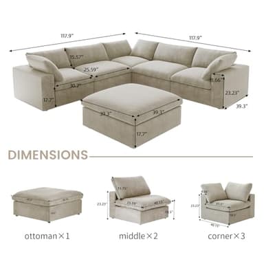 160.6" Cloud Couch Modular Sectional Sofa for Livingroom,Oversized Convertible Sofa with Storage Ottomans,6 Seat Wide Couches,Cushion Covers Removable (Khaki, 6 Seater) - Image 2