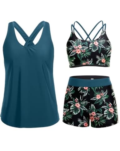 Holipick Green and Flower 3 Piece Tankini Swimsuits for Women Tummy Control Bathing Suits Swim Tank Top with Bra Boy Shorts Teen Swimwear M - Image 1