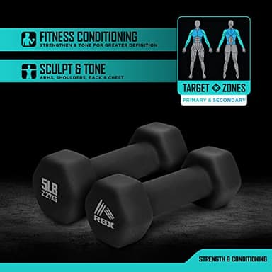 RBX Weights Dumbbells Set - Neoprene Arm Weights with Non-Slip Grip, Strength Training Equipment Workout Weights for at Home or Gym Training, Anti-Roll Black - Image 2