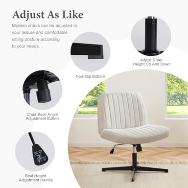 Sweetcrispy Criss Cross Chair Legged, Armless Office Wide Desk Chair No Wheels, Swivel Vanity Height Adjustable Fabric Modern Computer Task Seating for Home - Pearl White - Image 4