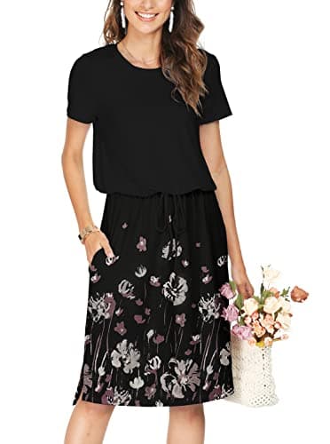 Women Summer Sleeve Pocket Work Casual Midi Knee Dress Floral Black XL - Image 1