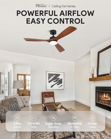 VONLUCE Ceiling Fans with Lights, 52 Inch Ceiling Fan and Remote, 6 Speed Reversible Noiseless DC Motor, 3CCT, Wood Ceiling Fan for Outdoor Indoor Farmhouse Patios, Walnut - Image 3