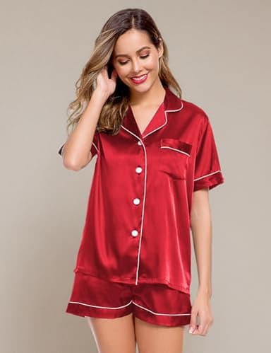 LecGee Womens Pajamas Set Silk Satin Sleepwear Short Sleeve Nightwear Button Down Pj Lounge - Image 6