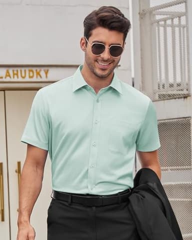 Alimens & Gentle Mens Short Sleeve Dress Shirts Wrinkle Free Solid Casual Button Down Shirts with Pocket, Light Green, Large - Image 2