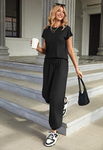 Ekouaer Pajamas for Women 2 Piece Lounge Sets Cap Sleeve Loungewear Top with Joggers Pants S-XXL Black - Image 5