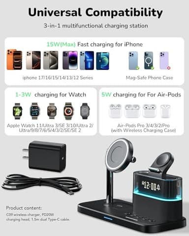 5 in 1 Wireless Charging Station for Apple,Mag-Safe Charger with Alarm Clock Night Light for Multiple Devices,Nightstand Charging Station for iPhone 17/16/15/14/13/12,Apple Watch Series,Air-Pods - Image 2