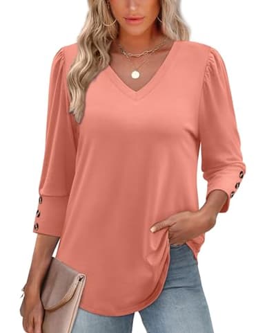 XIEERDUO Womens Blouses 3/4 Length Sleeve Summer Tops V Neck Shirts Casual Business Work Blouses Shirts Fall Fashion Outfits Clothes 2025 A-Coral M - Image 2