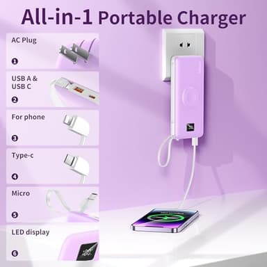 ANOUV Portable Charger with Built-in-Cable&AC Wall Plug& Magnetic Wireless iWatch Charger,10000mAh Power Bank,PD 22.5W Fast Charging Battery Pack Compatible with iPhones and Apple Watch etc.(1 Pack) - Image 2