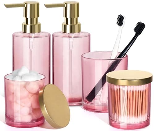 ALPIRIRAL Pink Bathroom Accessories Set, 5 Pcs Pink Glass Bathroom Set, Soap Dispenser and Toothbrush Holder Set, Qtip Holder and Cotton Ball Holder, Modern Bathroom Decor Sets, Bathroom Sink Set - Image 1