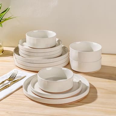 AmorArc Ceramic Dinnerware Set for 6 | Speckled Stoneware Plates and Bowls with Rustic Terracotta Underside| Scratch Resistant,Dishwasher & Microwave Safe Dishes Sets- 18pcs Beige - Image 6