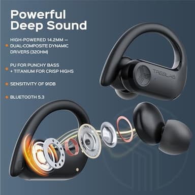 TREBLAB X3 Pro - Workout True Wireless Earbuds, Comfortable Earhooks, Bluetooth 5.3, Punchy Bass, Noise Isolation, 145H Playtime, IPX5 Waterproof, Sweatproof, 2 Mics for Calls, Sport Bluetooth Earbuds - Image 3