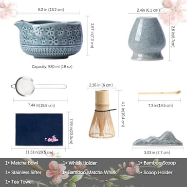 Buucup Matcha Whisk Set, Ceramic Matcha Set Includes Matcha Bowl, Matcha Whisk and Holder, Bamboo Scoop, Scoop Rest, Sifter and Tea Towel - 7 Pcs Matcha Kit for Matcha Lovers (Blue) - Image 5