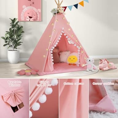 WIRHAO Teepee Tent for Kids with Padded Mat Cotton Canvas Kids Tent with Pompom for Toddlers Indoor Play Tent for Girls Boys with Stars Lights, Carry Bag, Banner Flag (Pink) - Image 3