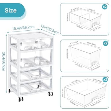 Vtopmart Plastic Drawer Storage Orangizer, 4 Tier 6 Drawers with Wheels for Office Supplies, Art Crafts, Under Desk Storage for Office, Bathroom, Dresser, 1 Pack/Clear - Image 3