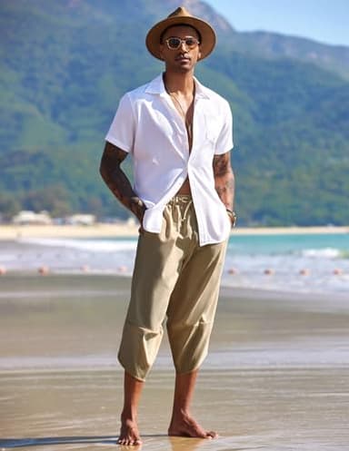 COOFANDY Men's Cotton Linen Pants Casual Harem Pants Elastic Waist Casual Beach Boho Yoga Trousers with Pockets Light Brown - Image 4