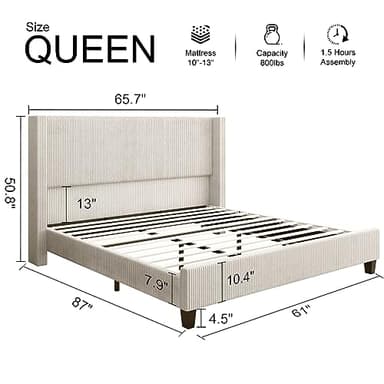 HOWE Queen Size Upholstered Platform Bed Frame, Wingback Bed with 50.8" Headboard, Corduroy/Solid Wood Leg/No Box Spring Needed/Noise Free/Cream - Image 2