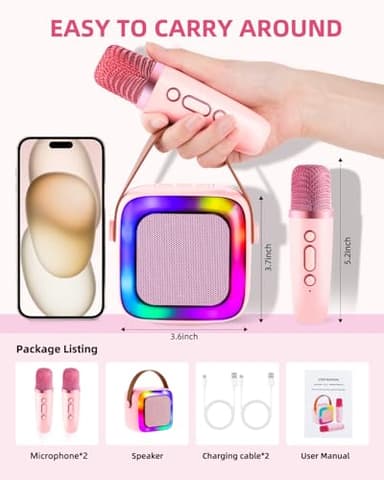 Anliuanliu Kids Karaoke Machine for Adults, Mini Portable Karaoke Bluetooth Speaker with 2 Wireless Microphones, Birthday Gifts Toys for Teen Girls Ages 4, 5, 6, 7, 8, 9, 10, 12+ Year Old (Pink) - Image 7