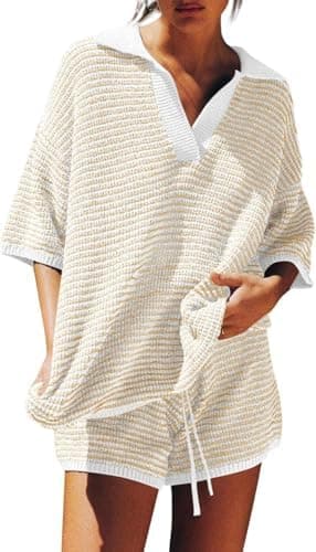 Tankaneo Womens Sweater Set 2 Piece Outfits Oversized 3/4 Sleeve V Neck Knit Tops High Waisted Shorts Lounge Sets - Image 3