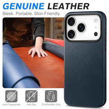 SHIELDON Genuine Leather Case for iPhone 17 Pro 6.3 Inch 2025, Compatible with Magsafe, Magnetic Wireless Charging, Slim Fit, Non-Slip, Anti-Scratch, Shockproof, Metal Button, Camera Bezel - Navy Blue - Image 3