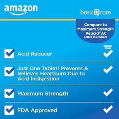 Amazon Basic Care Maximum Strength Famotidine Tablets 20 mg, Acid Reducer Pills for Heartburn Relief, 200 Count (Packaging may vary) - Image 2