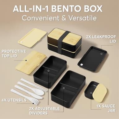 Umami Bento Box Adult All-In-1 w/4 Utensils, Big Sauce Jar, 2 Dividers, 100% Leakproof, Microwave & Dishwasher Safe, Stackable Bento Lunch Box Containers for Men/Women, Black & Bamboo, 40 oz - Image 5