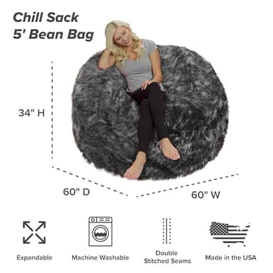 Chill Sack Bean Bag Chair - 5' Giant Memory Foam Lounge Chair with Soft Microfiber Cover – Cozy Furniture for Living Room, Dorm, & Kids' Rooms – Comfortable 5 Ft, Faux Long Fur Lounge Sofa, Gray - Image 2