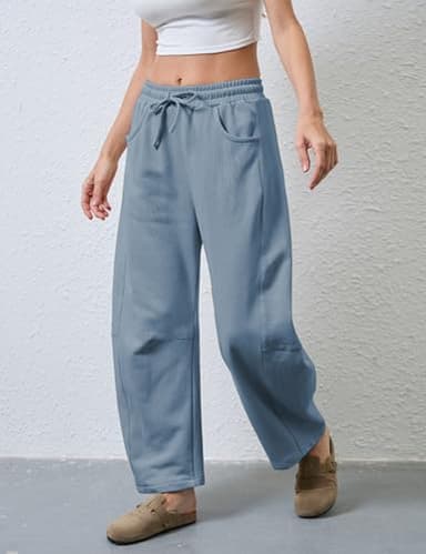 SeekMe Women's Barrel Leg Sweatpant Drawstring Elastic Waisted Wide Leg Pants Casual Cotton Palazzo Trousers with Pockets (0009-DustyBlue-S) - Image 5