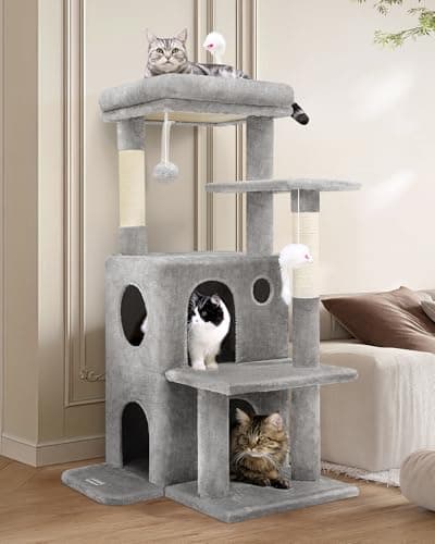 Globlazer Cat Tree Tower for Indoor Cats, 50-inch Adult Cat Tree House for Large Adult Cats with Steps, Scratching Post, 2 Cat Caves, Dangling Toys, FC50, Light Grey - Image 1