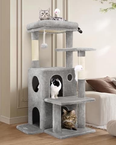 Globlazer Cat Tree Tower for Indoor Cats, 50-inch Adult Cat Tree House for Large Adult Cats with Steps, Scratching Post, 2 Cat Caves, Dangling Toys, FC50, Light Grey - Image 1